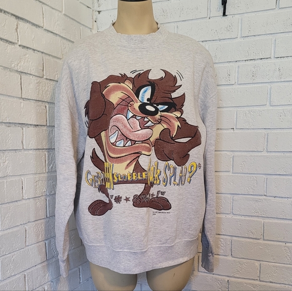 Looney Tunes Mania Sweaters - Vintage 1996 Looney Tunes Taz "Slobble" Sweatshirt - Large Grey Heather